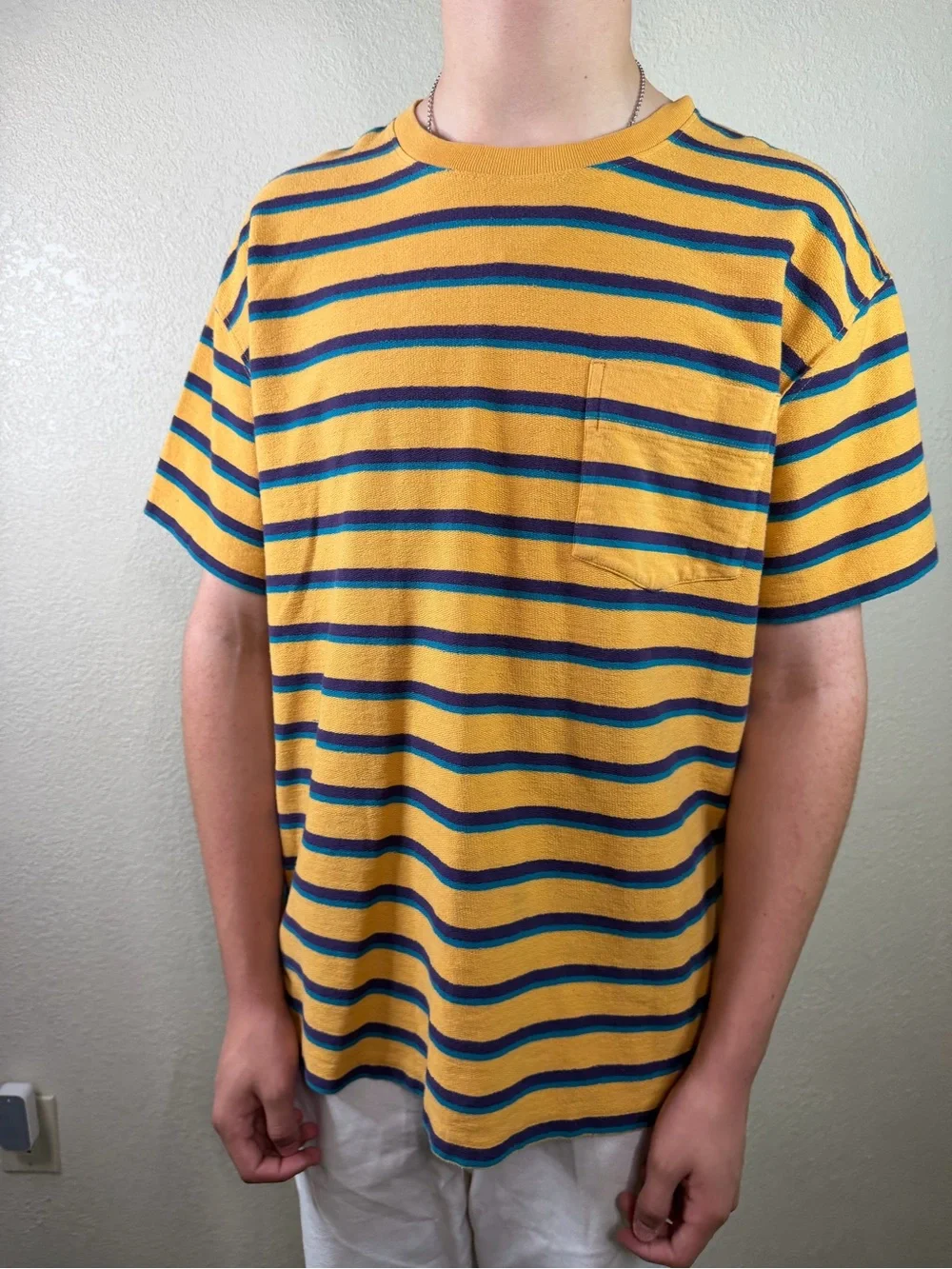 Urban Outfitters Mens Striped Pocket T-Shirt Size M Yellow Blue Retro Y2K Skate